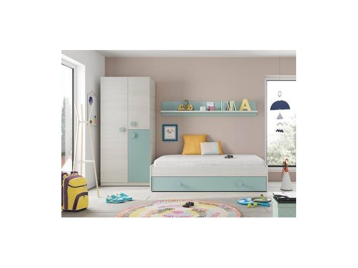 PACK JUVENIL COMPLETO MOD. SNUBA FORMADO POR ARMARIO CAMA NIDO Y ESTANTERIA ACABADO VERDE AGUA / BLANCO